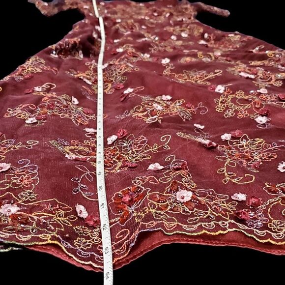 Romantic Womens Burgundy Red Tulle Dress with Floral Embellishments Size Small - Picture 12 of 16